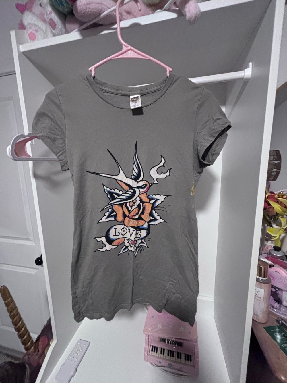 Vintage Ed Hardy Dusty Green Graphic Tee with Swallow & Rose "Love" - Size S